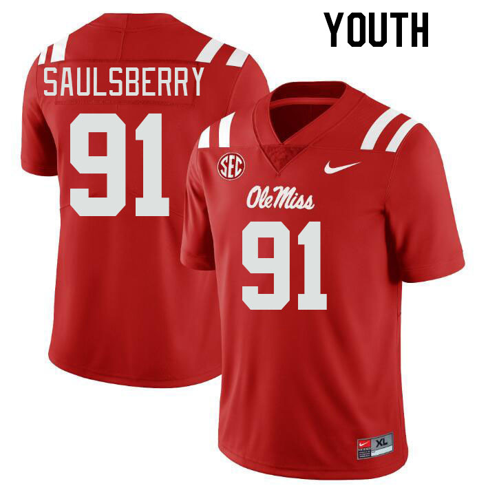 Youth #91 Myles Saulsberry Ole Miss Rebels College Football Jerseyes Stitched Sale-Red